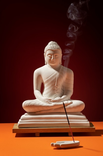 Blick auf eine Buddha-Statuette mit Weihrauch