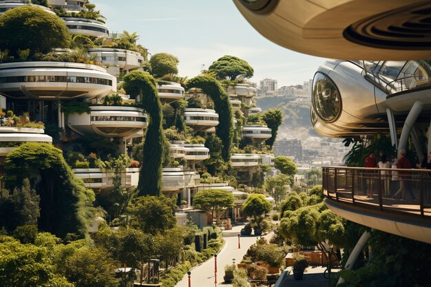 Blick auf eine futuristische Stadt mit viel Grün und Vegetation