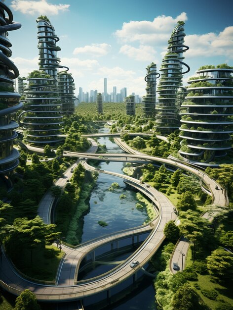 Blick auf eine futuristische Stadt mit viel Vegetation und Grün