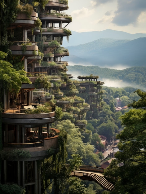 Blick auf eine futuristische Stadt mit viel Vegetation und Grün