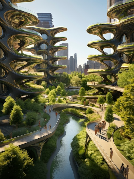 Kostenloses Foto blick auf eine futuristische stadt mit viel vegetation und grün