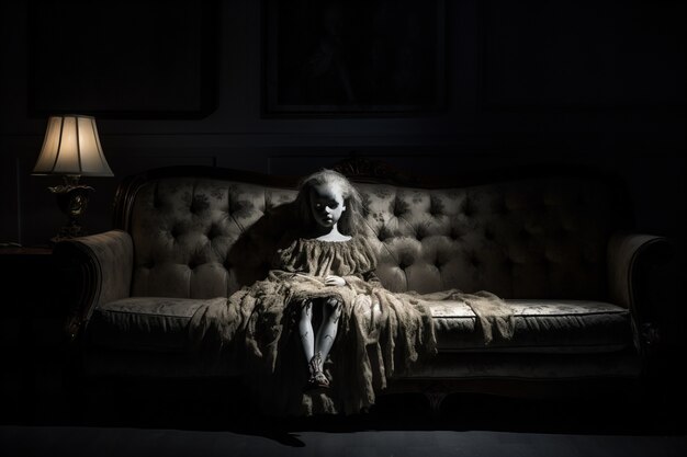 Blick auf eine gruselige Puppe auf der Couch