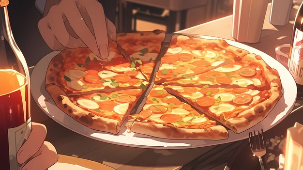 Blick auf eine köstliche Pizza im Anime-Stil