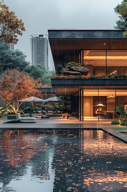 Blick auf eine luxuriöse Villa mit modernem architektonischem Design