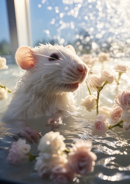 Kostenloses Foto blick auf eine nasse ratte mit blumen