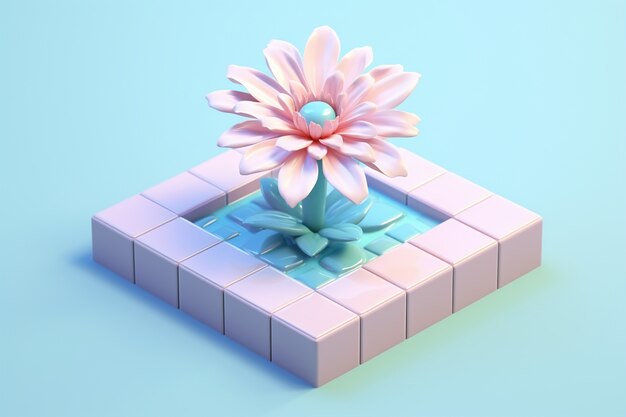 Blick auf eine wunderschöne 3D-Blume auf einem erhöhten quadratischen Beet