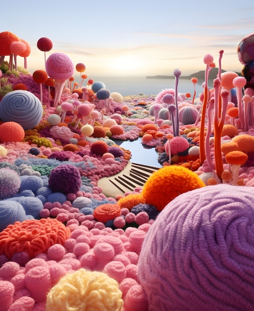 Blick auf eine wunderschöne mystische 3D-Landschaft mit abstrakten Blumen