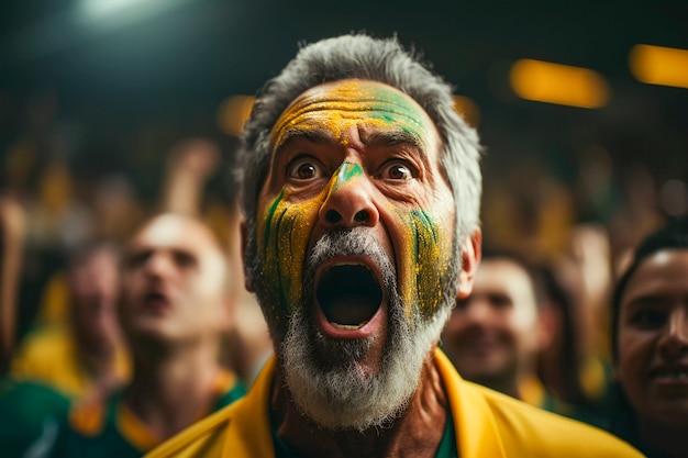 Kostenloses Foto blick auf einen begeisterten fußballfan mit bemaltem gesicht, der das spiel genießt