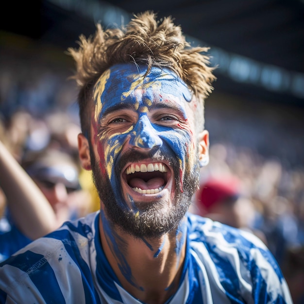 Kostenloses Foto blick auf einen begeisterten fußballfan mit bemaltem gesicht, der das spiel genießt