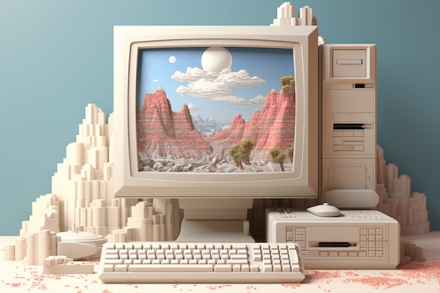 Blick auf einen Computer im Retro-Look auf einem Schreibtisch-Arbeitsplatz