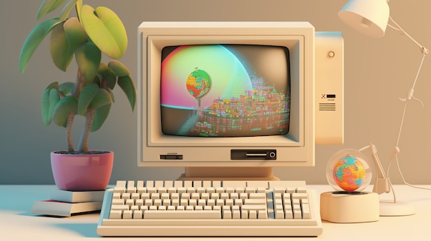 Blick auf einen Computerarbeitsplatz im Retro-Look