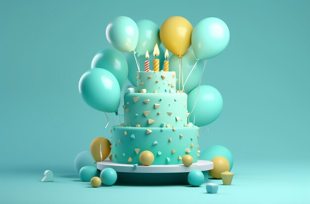 Blick auf einen köstlich aussehenden 3D-Kuchen mit Kerzen und Luftballons