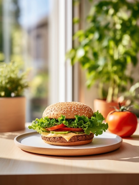 Blick auf einen köstlichen Burger mit Brötchen und Käse