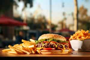 Kostenloses Foto blick auf einen köstlichen burger mit pommes frites