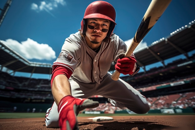 Blick auf einen männlichen Baseballspieler auf dem Spielfeld