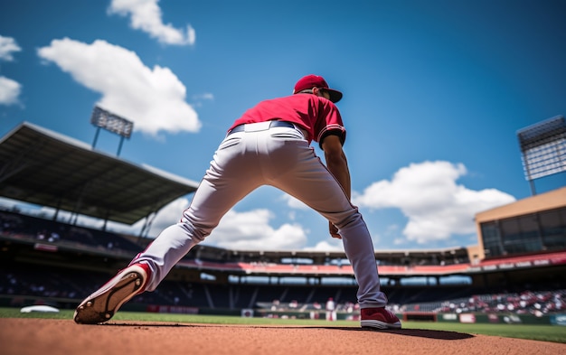 Kostenloses Foto blick auf einen männlichen baseballspieler auf dem spielfeld