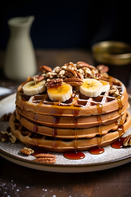 Blick auf köstliche Waffeln mit Bananenscheiben und Sirup