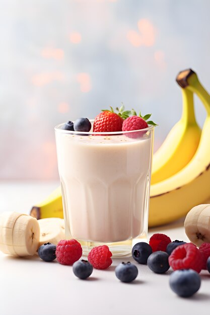 Blick auf köstlichen Bananenmilchshake mit Früchten