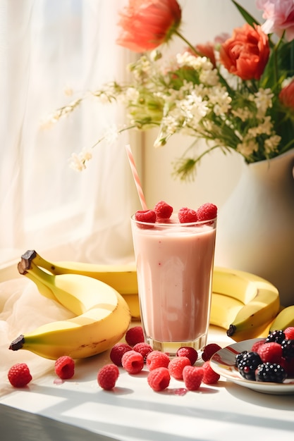 Blick auf köstlichen Bananenmilchshake mit Früchten