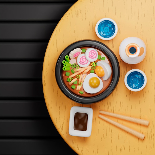 Blick auf köstliches asiatisches Essen mit 3D-Effekt