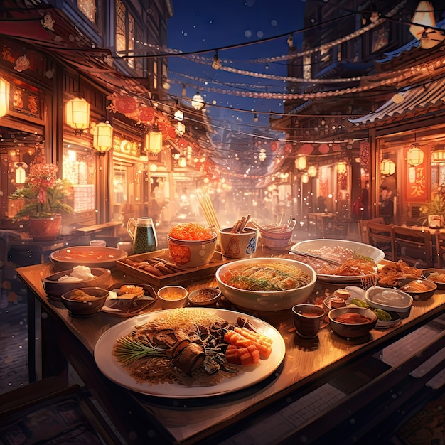 Kostenloses Foto blick auf köstliches essen für das wiedervereinigungsessen im anime-stil