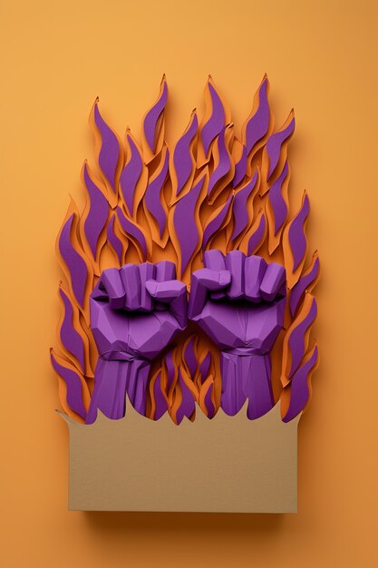 Blick auf lila Fäuste mit Feuer für den Frauentagsfeiern