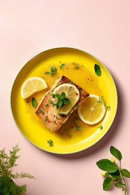 Blick auf Mahi-Mahi-Fischgericht mit Zitronenscheiben