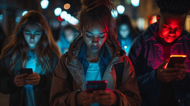 Kostenloses Foto blick auf menschen, die süchtig nach ihren smartphones sind, die durch die bildschirme schauen und scrollen