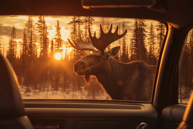 Blick auf wilde Elche aus dem Autofenster