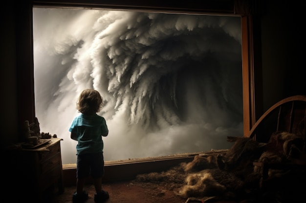 Blick auf Wolken im dunklen Stil durch das Hausfenster