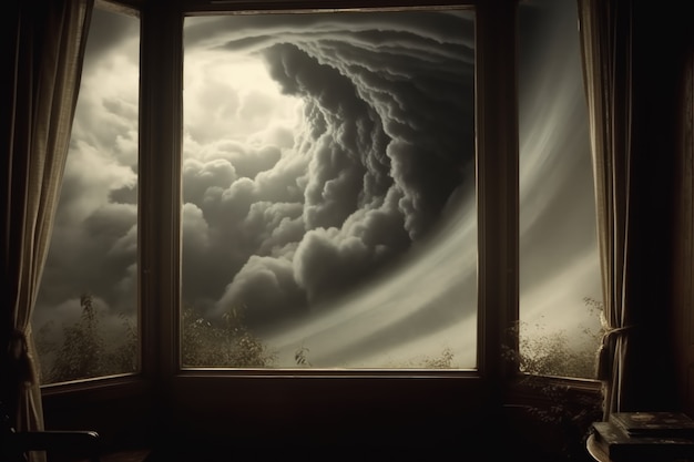Blick auf Wolken im dunklen Stil durch das Hausfenster