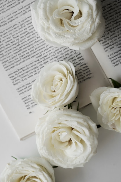 Blick auf zarte weiße Rosen mit Buch