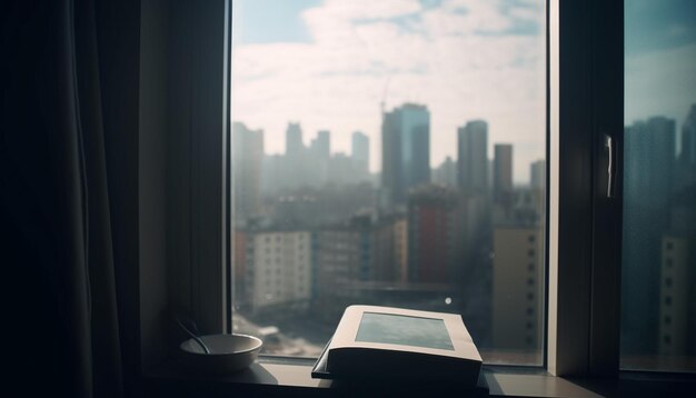 Blick durch ein modernes Fenster auf die von KI generierte urbane Skyline
