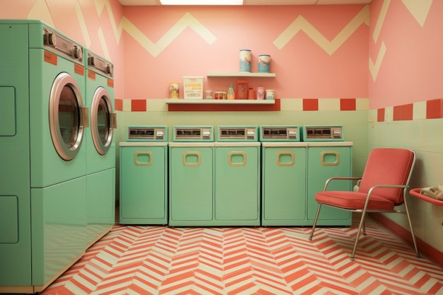 Kostenloses Foto blick in einen waschsalon mit vintage-dekor und waschmaschinen