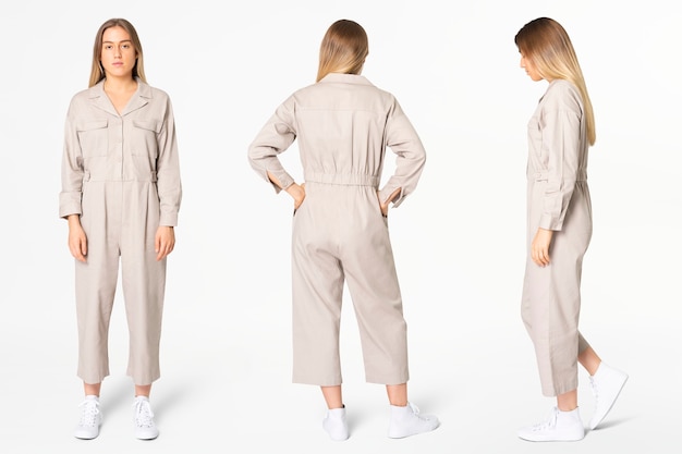 Blonde Frau im beigen Overall mit Design Space Streetwear Bekleidung Ganzkörper-Set