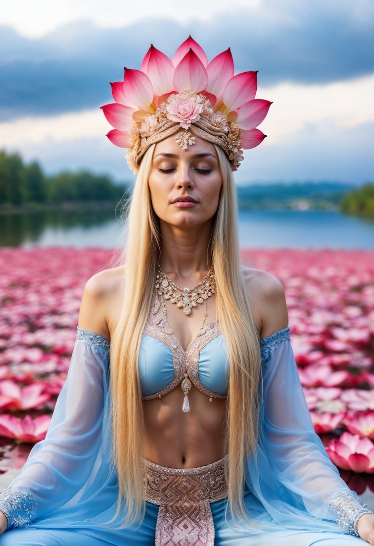 Kostenlose Foto blondin meditiert an einem teich