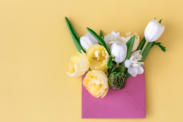 Blumen in einem Umschlag auf einem farbigen Hintergrund liegen flach