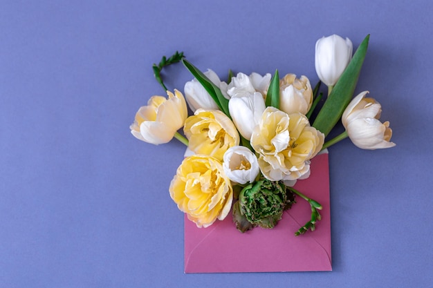 Blumen in einem Umschlag auf einem farbigen Hintergrund liegen flach