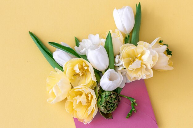 Blumen in einem Umschlag auf einem farbigen Hintergrund liegen flach