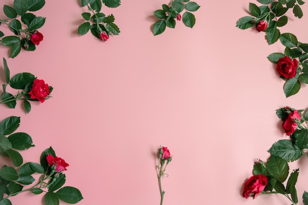 Blumenarrangement mit frischen natürlichen Rosen auf rosa Hintergrundkopienraum.