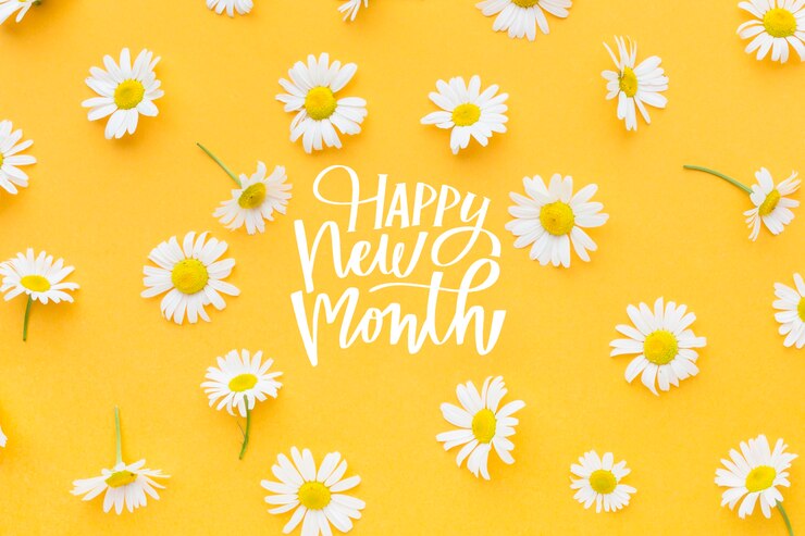 Kostenlose Foto blumenarrangement mit happy new month schriftzug