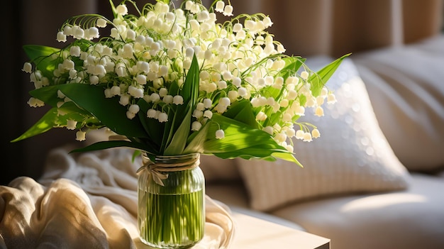 Blumenstrauß mit Maiglöckchen im Inneren eines Zimmers, Details zur Wohnraumgestaltung