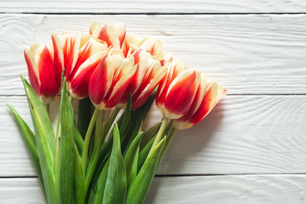 Kostenloses Foto blumenstrauß von tulpen auf einer draufsicht des weißen hölzernen hintergrundes