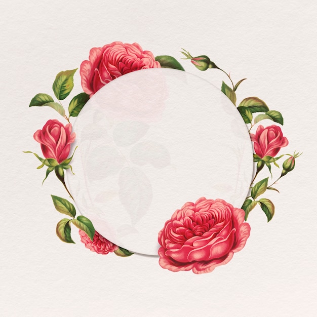 Botanisches rundes Abzeichen mit rotem Rosenrahmen