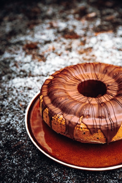 Brauner runder Kuchen auf weißer Keramikplatte