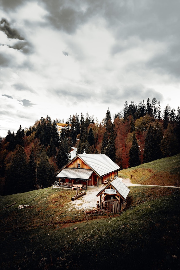Kostenlose Foto braunes holzhaus nahe grünen bäumen unter bewölktem himmel während des tages