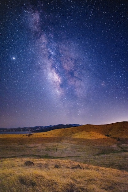 Braunes und grünes Grasfeld unter blauem Himmel mit Sternen während der Nachtzeit