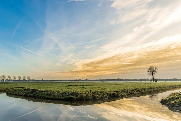 Breiter Schuss eines Grasfeldes mit einem Gewässer, das den schönen Sonnenuntergang und den Himmel reflektiert