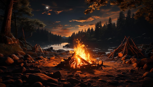 Brennendes Lagerfeuer beleuchtet eine ruhige Waldlandschaft, die im Dunkeln leuchtet, erzeugt durch künstliche Intelligenz