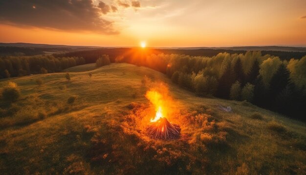 Kostenloses Foto brennendes lagerfeuer glüht auf einer ruhigen bergwiese, erzeugt von ki